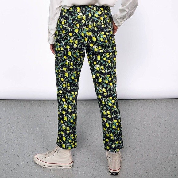 Wildfang Empower Trouser Straight Leg Lemon Print Black Pants Floral Size 14 - Picture 2 of 15